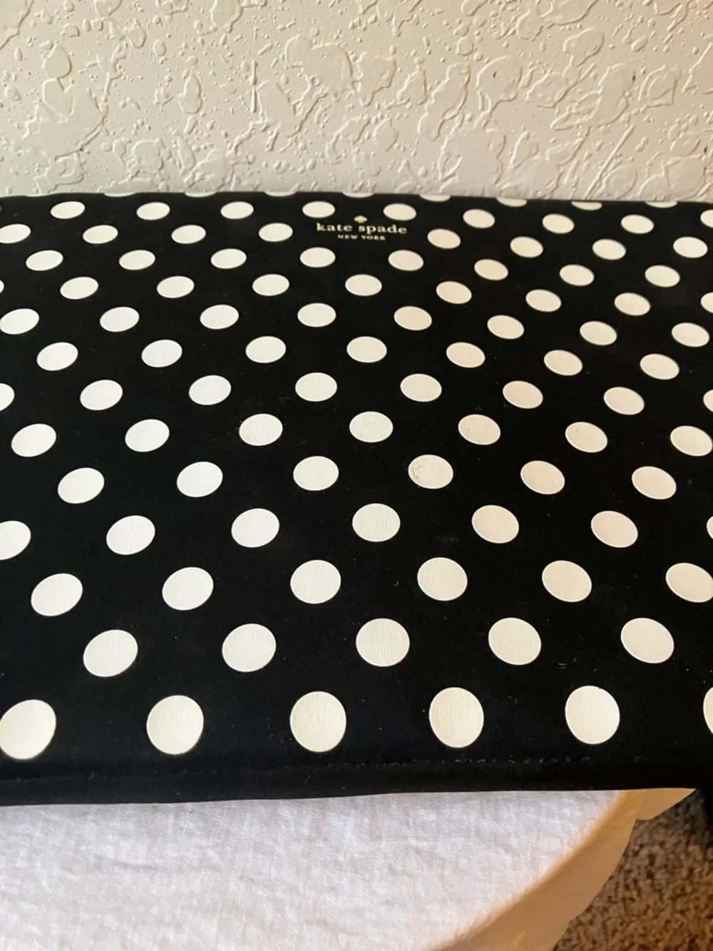 kate spade: Black & White Polka Dot Tablet Sleeve- Gold Tone- Storybook Lining